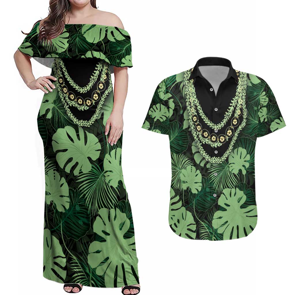 Green Hawaii Kukui Nut Lei Couples Matching Off Shoulder Maxi Dress and Hawaiian Shirt Hawaiian Pattern Monstera Tropical Vibes - Polynesian Pride