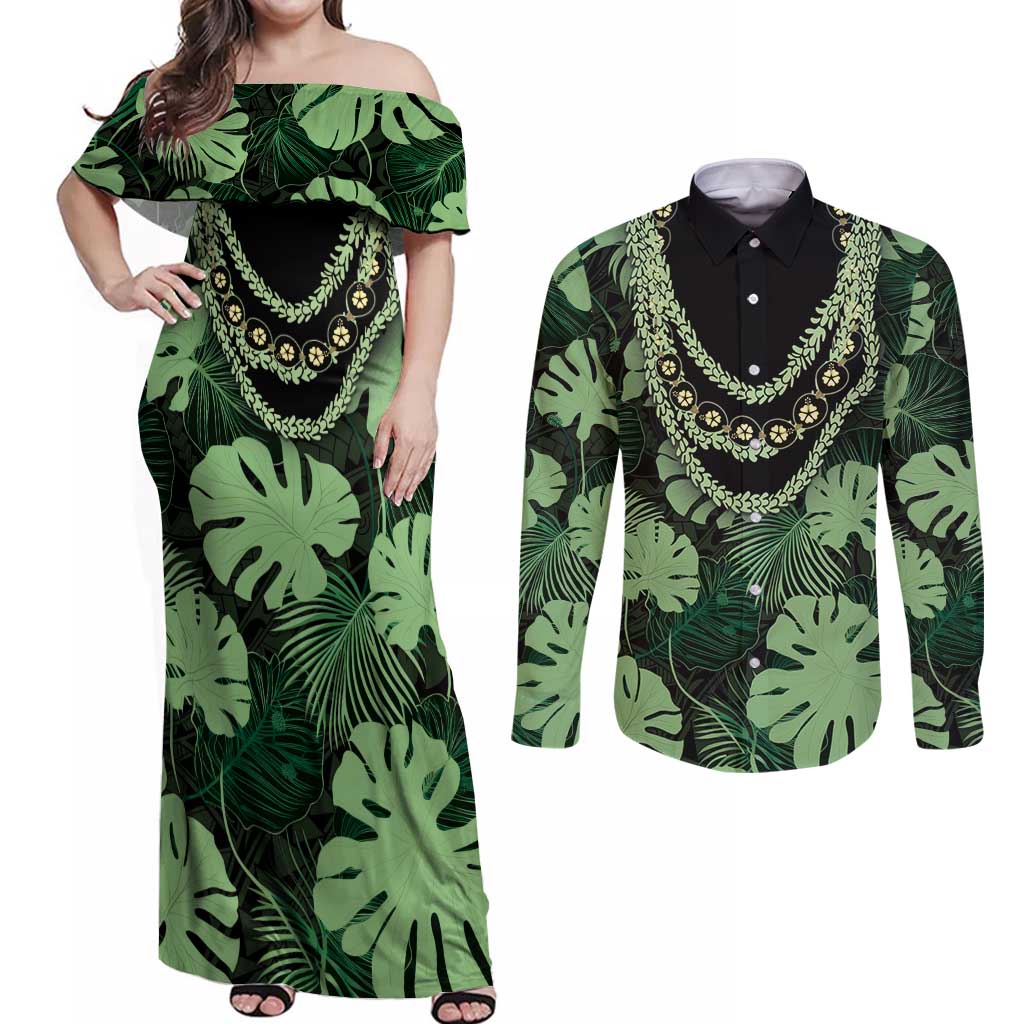 Green Hawaii Kukui Nut Lei Couples Matching Off Shoulder Maxi Dress and Long Sleeve Button Shirt Hawaiian Pattern Monstera Tropical Vibes - Polynesian Pride