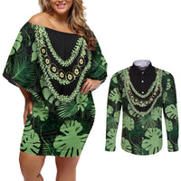 Green Hawaii Kukui Nut Lei Couples Matching Off Shoulder Short Dress and Long Sleeve Button Shirt Hawaiian Pattern Monstera Tropical Vibes - Polynesian Pride