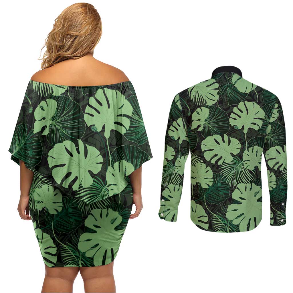 Green Hawaii Kukui Nut Lei Couples Matching Off Shoulder Short Dress and Long Sleeve Button Shirt Hawaiian Pattern Monstera Tropical Vibes - Polynesian Pride
