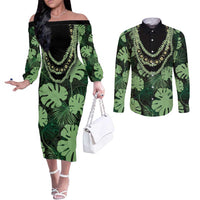 Green Hawaii Kukui Nut Lei Couples Matching Off The Shoulder Long Sleeve Dress and Long Sleeve Button Shirt Hawaiian Pattern Monstera Tropical Vibes - Polynesian Pride