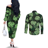 Green Hawaii Kukui Nut Lei Couples Matching Off The Shoulder Long Sleeve Dress and Long Sleeve Button Shirt Hawaiian Pattern Monstera Tropical Vibes - Polynesian Pride