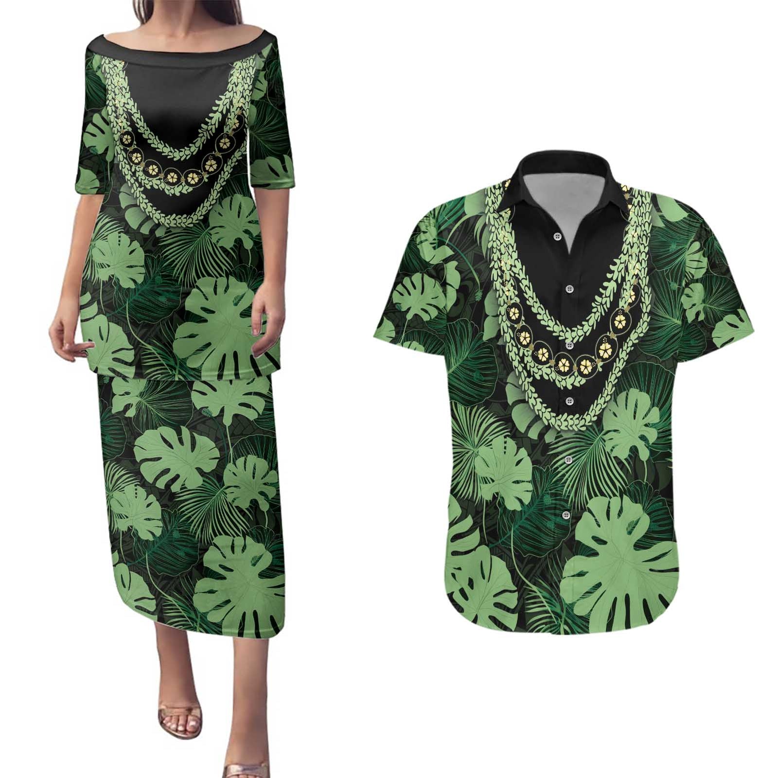 Green Hawaii Kukui Nut Lei Couples Matching Puletasi and Hawaiian Shirt Hawaiian Pattern Monstera Tropical Vibes - Polynesian Pride