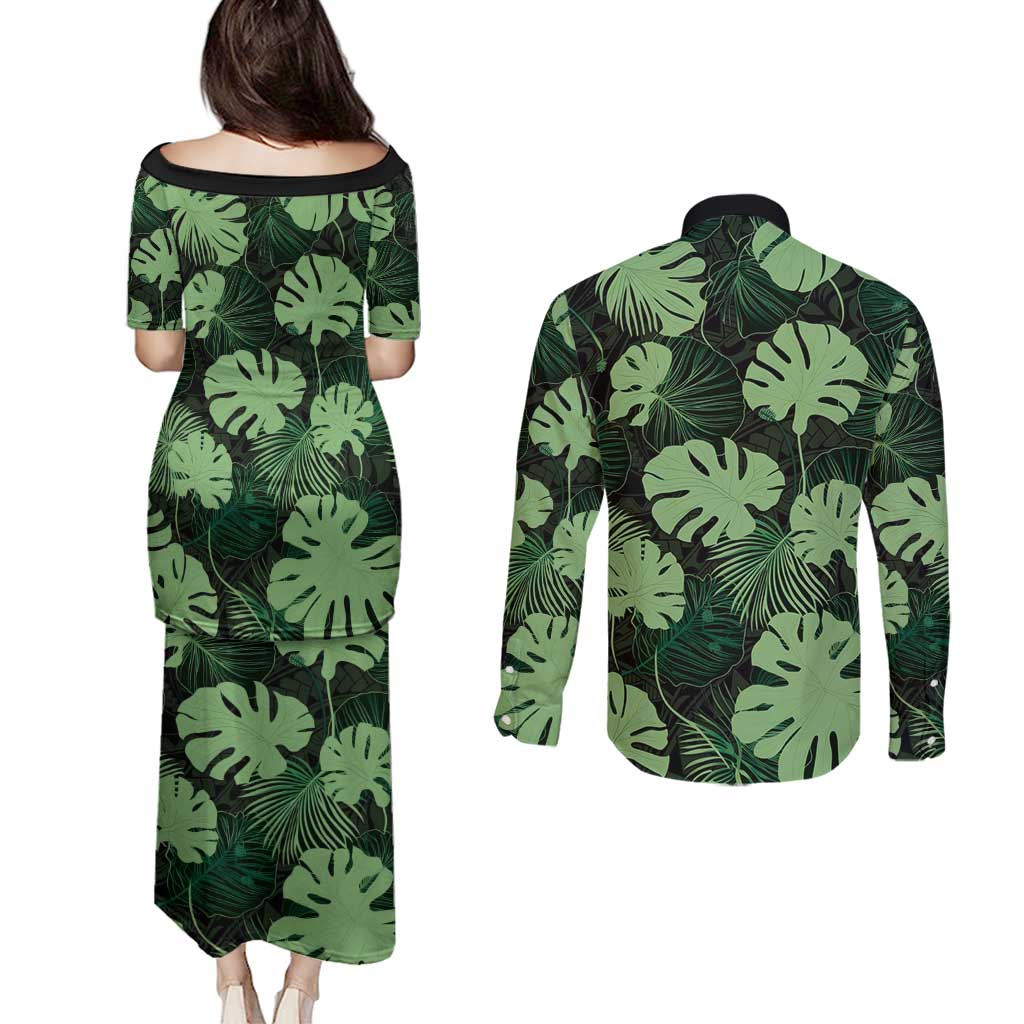 Green Hawaii Kukui Nut Lei Couples Matching Puletasi and Long Sleeve Button Shirt Hawaiian Pattern Monstera Tropical Vibes - Polynesian Pride