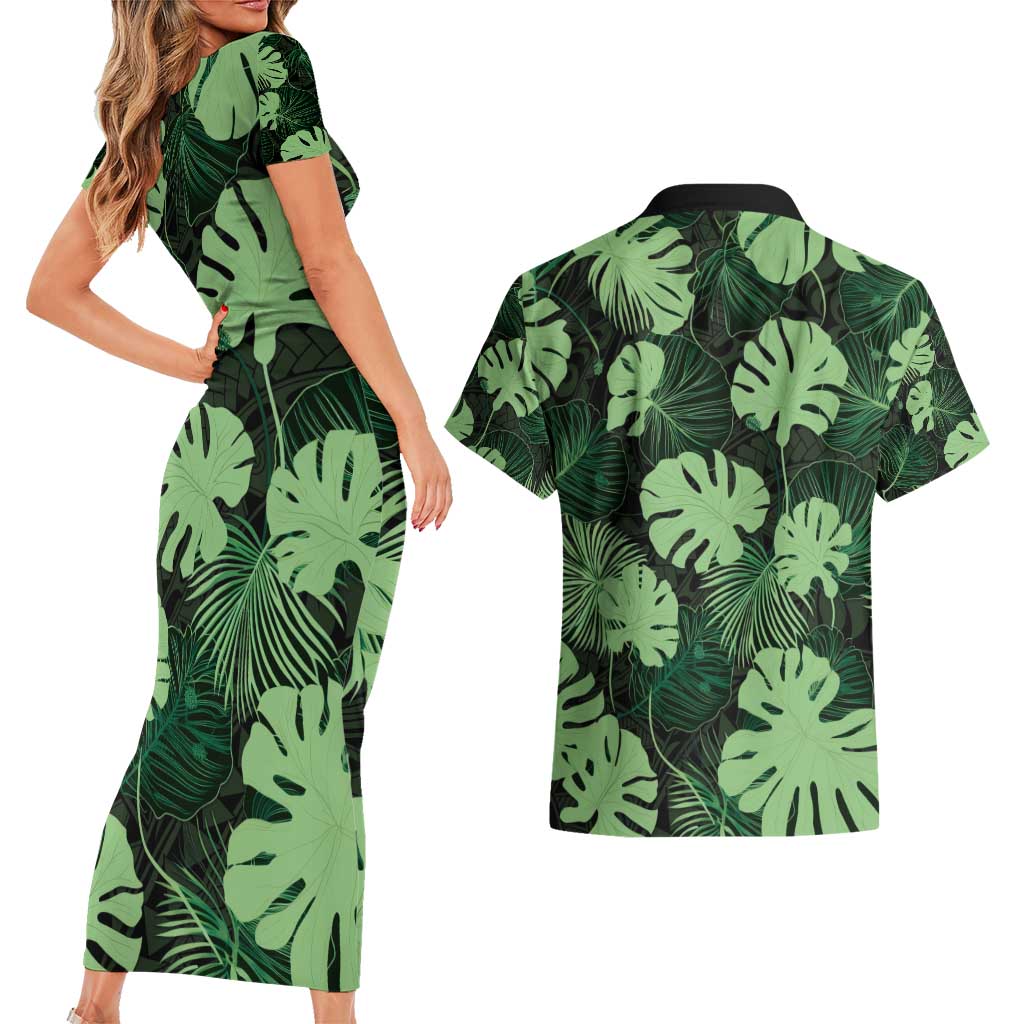 Green Hawaii Kukui Nut Lei Couples Matching Short Sleeve Bodycon Dress and Hawaiian Shirt Hawaiian Pattern Monstera Tropical Vibes - Polynesian Pride