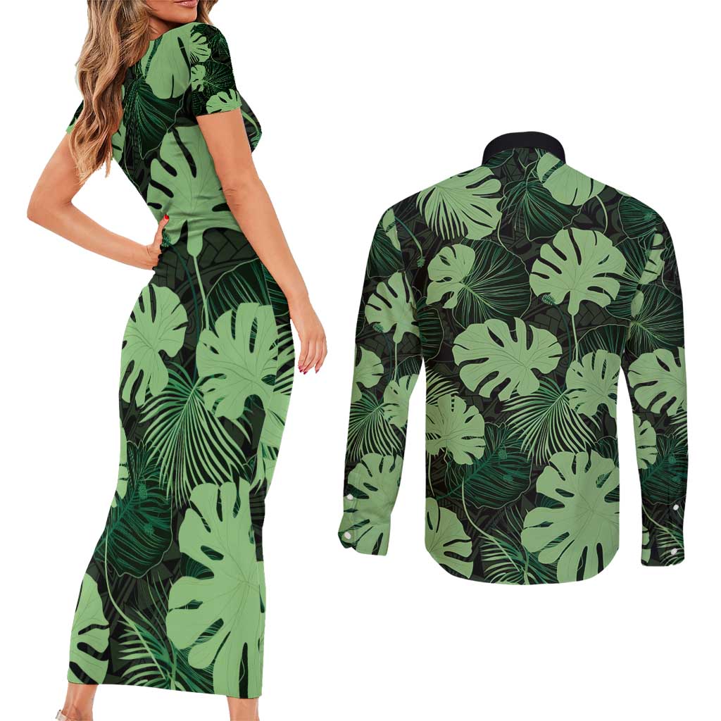 Green Hawaii Kukui Nut Lei Couples Matching Short Sleeve Bodycon Dress and Long Sleeve Button Shirt Hawaiian Pattern Monstera Tropical Vibes - Polynesian Pride