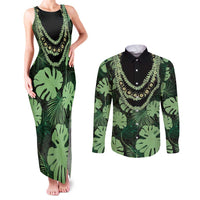 Green Hawaii Kukui Nut Lei Couples Matching Tank Maxi Dress and Long Sleeve Button Shirt Hawaiian Pattern Monstera Tropical Vibes - Polynesian Pride
