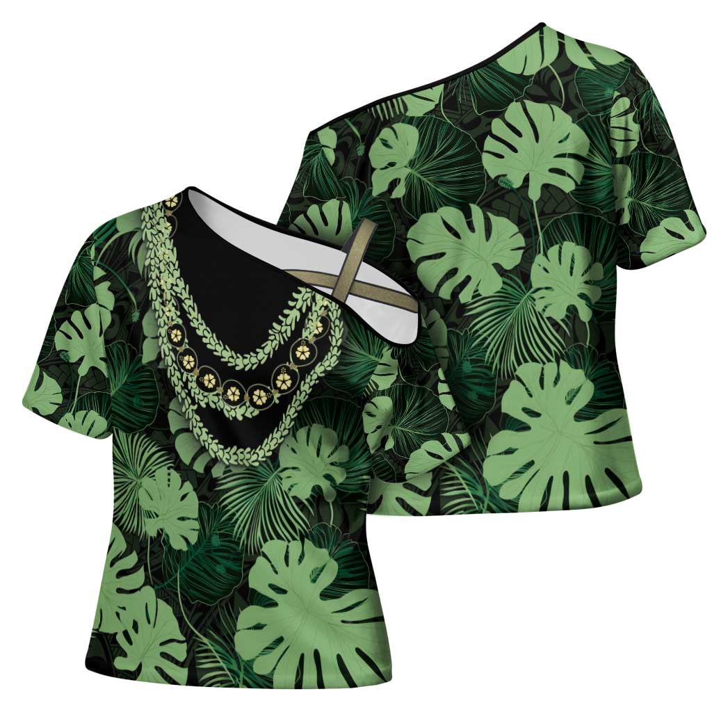 Green Hawaii Kukui Nut Lei Cross Shoulder Shirt Hawaiian Pattern Monstera Tropical Vibes - Polynesian Pride