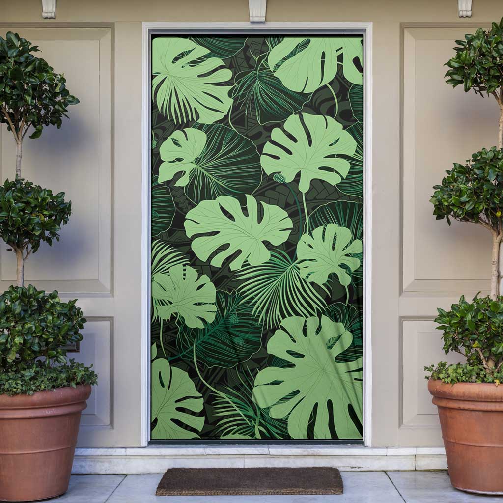 Green Hawaii Kukui Nut Lei Door Cover Hawaiian Pattern Monstera Tropical Vibes - Polynesian Pride