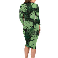 Green Hawaii Kukui Nut Lei Family Matching Long Sleeve Bodycon Dress and Hawaiian Shirt Hawaiian Pattern Monstera Tropical Vibes - Polynesian Pride