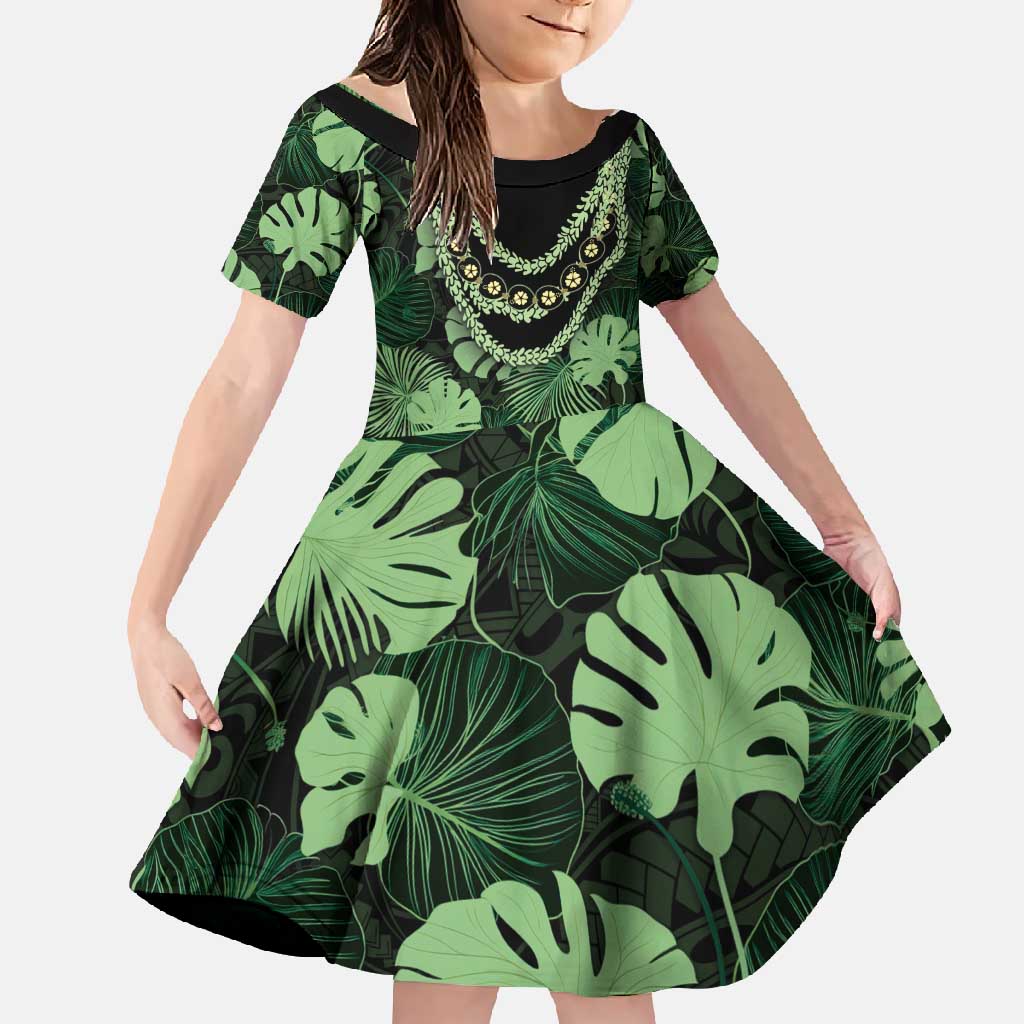 Green Hawaii Kukui Nut Lei Family Matching Mermaid Dress and Hawaiian Shirt Hawaiian Pattern Monstera Tropical Vibes - Polynesian Pride