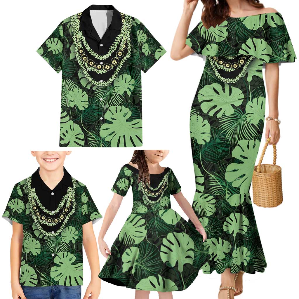 Green Hawaii Kukui Nut Lei Family Matching Mermaid Dress and Hawaiian Shirt Hawaiian Pattern Monstera Tropical Vibes - Polynesian Pride
