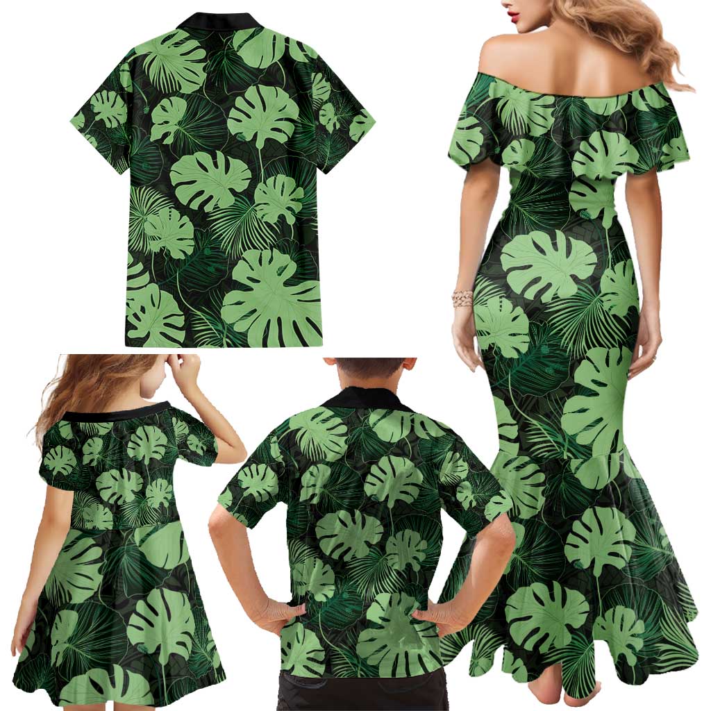 Green Hawaii Kukui Nut Lei Family Matching Mermaid Dress and Hawaiian Shirt Hawaiian Pattern Monstera Tropical Vibes - Polynesian Pride