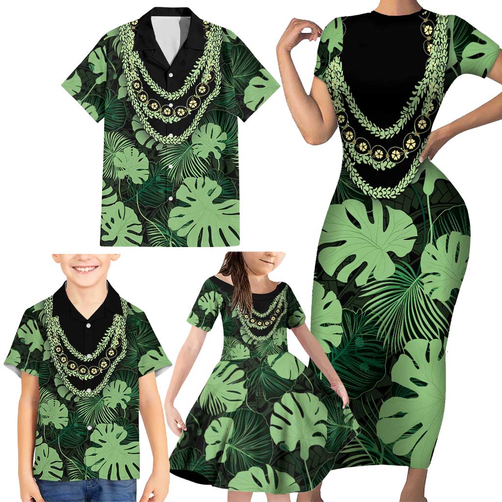 Green Hawaii Kukui Nut Lei Family Matching Short Sleeve Bodycon Dress and Hawaiian Shirt Hawaiian Pattern Monstera Tropical Vibes - Polynesian Pride