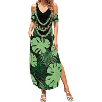 Green Hawaii Kukui Nut Lei Family Matching Summer Maxi Dress and Hawaiian Shirt Hawaiian Pattern Monstera Tropical Vibes - Polynesian Pride