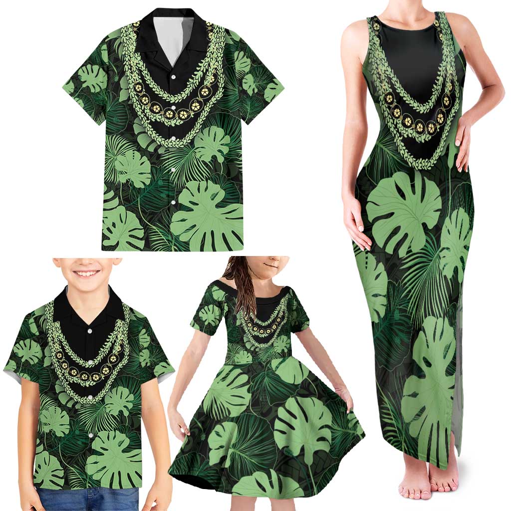 Green Hawaii Kukui Nut Lei Family Matching Tank Maxi Dress and Hawaiian Shirt Hawaiian Pattern Monstera Tropical Vibes - Polynesian Pride