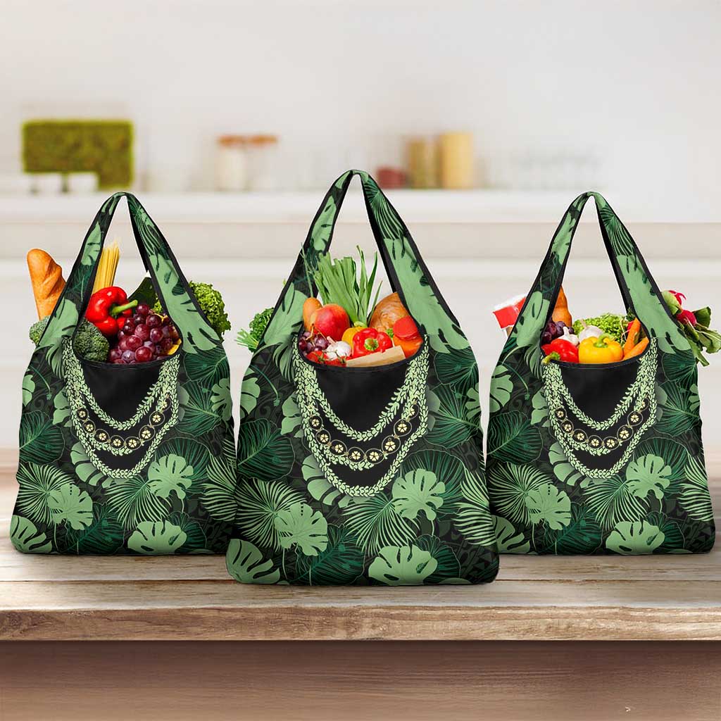 Green Hawaii Kukui Nut Lei Grocery Bag Hawaiian Pattern Monstera Tropical Vibes - Polynesian Pride