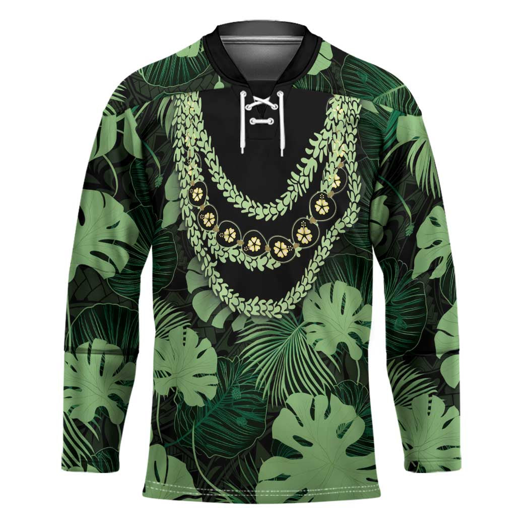 Green Hawaii Kukui Nut Lei Hockey Jersey Hawaiian Pattern Monstera Tropical Vibes - Polynesian Pride
