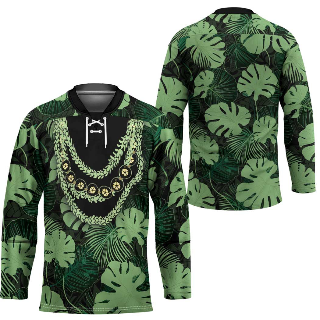 Green Hawaii Kukui Nut Lei Hockey Jersey Hawaiian Pattern Monstera Tropical Vibes - Polynesian Pride