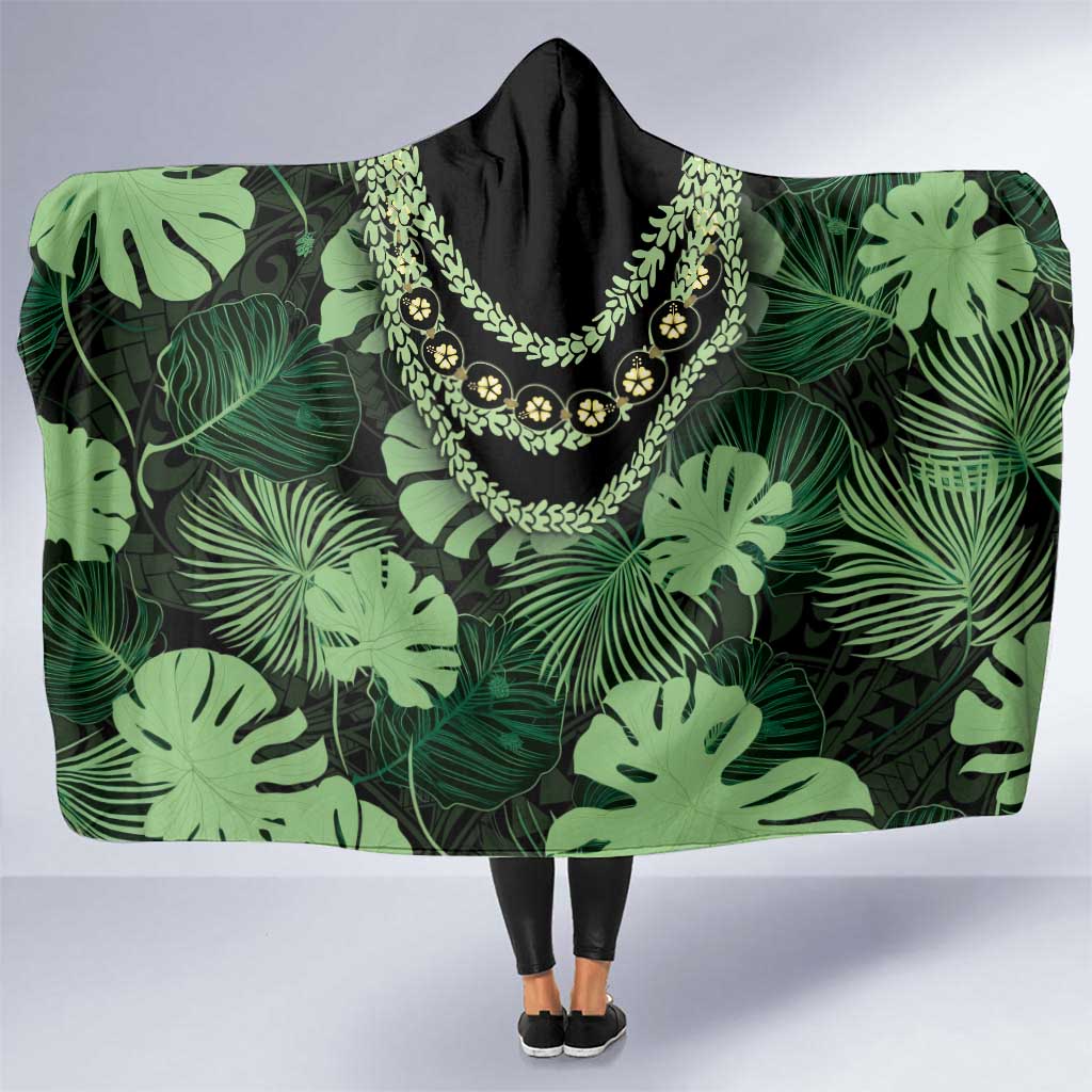 Green Hawaii Kukui Nut Lei Hooded Blanket Hawaiian Pattern Monstera Tropical Vibes - Polynesian Pride
