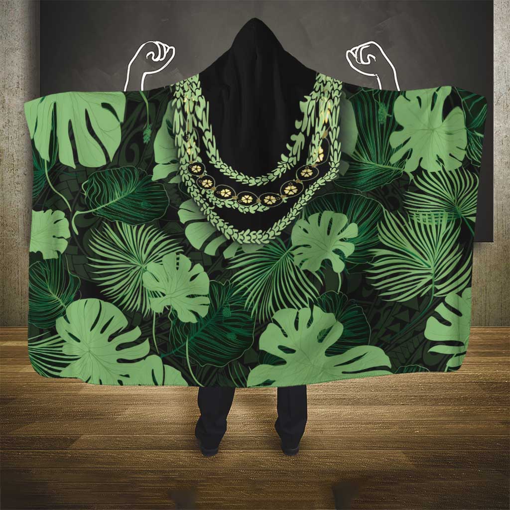 Green Hawaii Kukui Nut Lei Hooded Blanket Hawaiian Pattern Monstera Tropical Vibes - Polynesian Pride