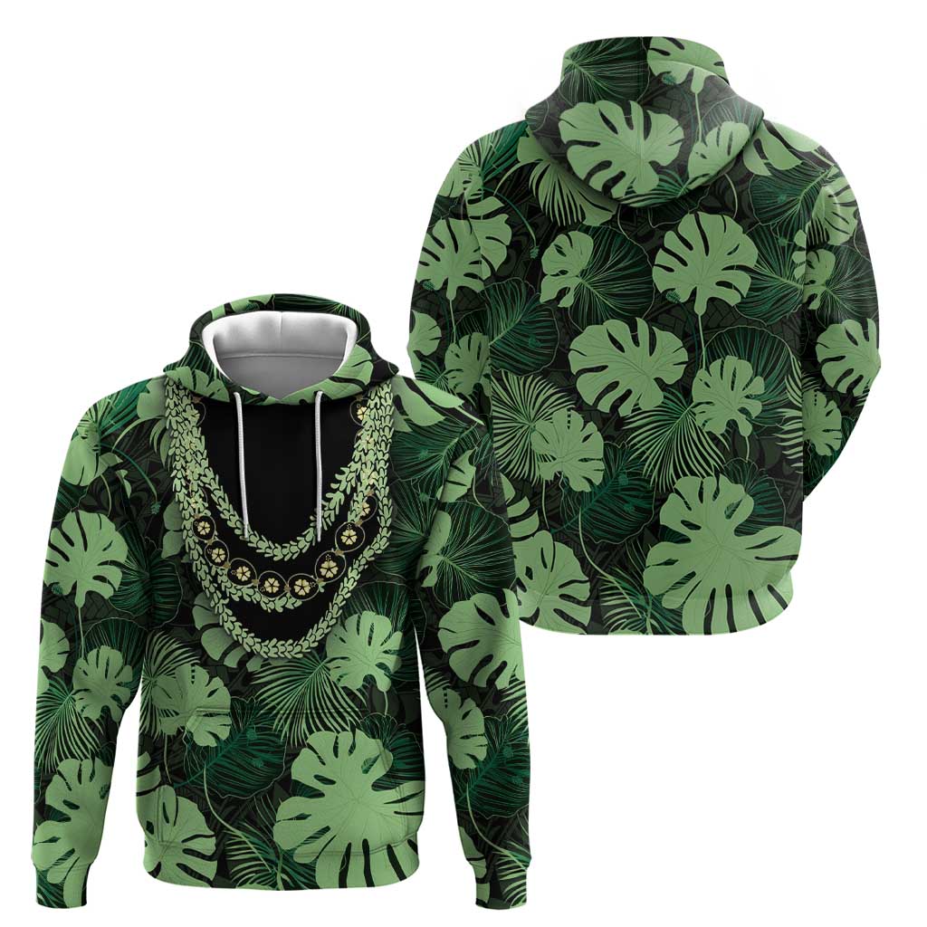 Green Hawaii Kukui Nut Lei Hoodie Hawaiian Pattern Monstera Tropical Vibes - Polynesian Pride