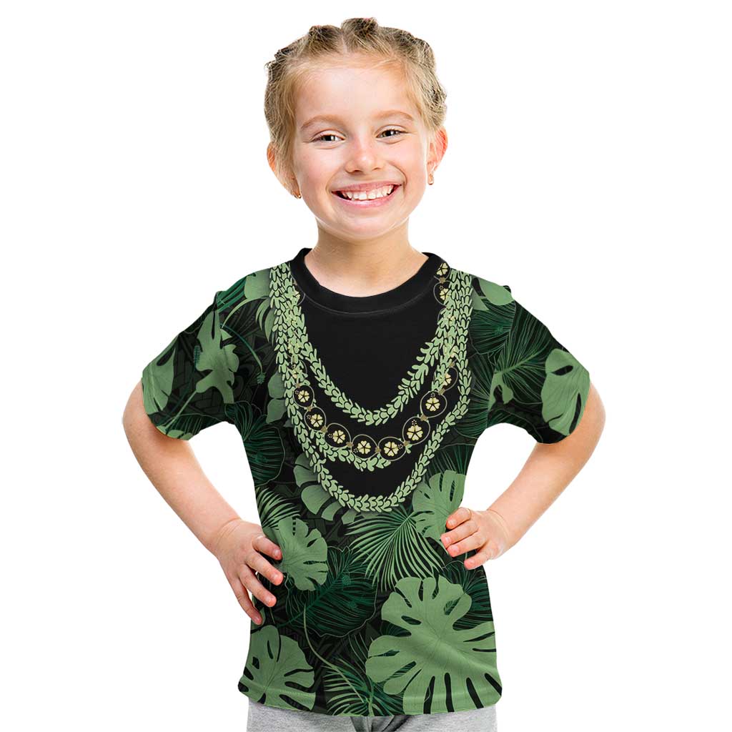 Green Hawaii Kukui Nut Lei Kid T Shirt Hawaiian Pattern Monstera Tropical Vibes - Polynesian Pride