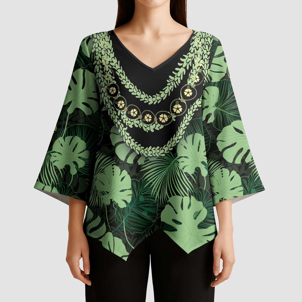 Green Hawaii Kukui Nut Lei Kimono Sleeve Blouse Hawaiian Pattern Monstera Tropical Vibes - Polynesian Pride