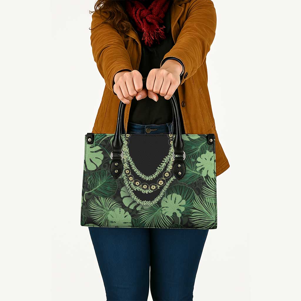 Green Hawaii Kukui Nut Lei Leather Bag Hawaiian Pattern Monstera Tropical Vibes - Polynesian Pride