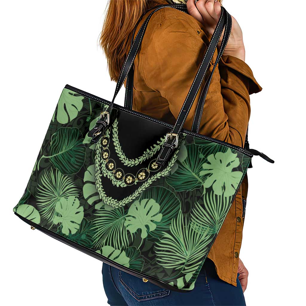 Green Hawaii Kukui Nut Lei Leather Tote Bag Hawaiian Pattern Monstera Tropical Vibes - Polynesian Pride
