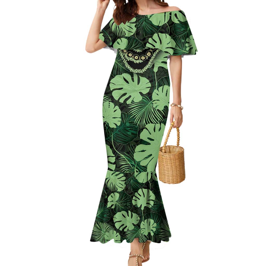 Green Hawaii Kukui Nut Lei Mermaid Dress Hawaiian Pattern Monstera Tropical Vibes - Polynesian Pride