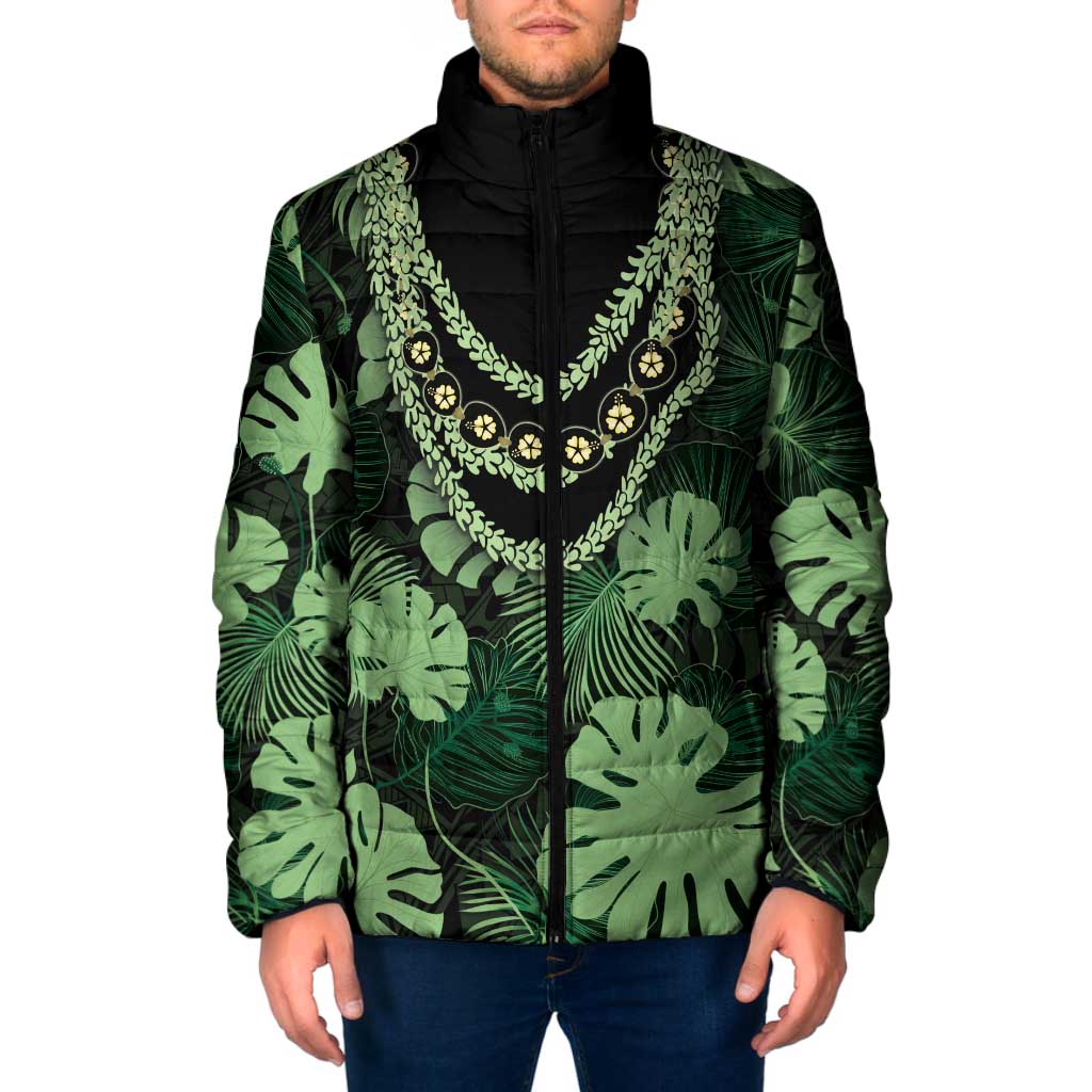 Green Hawaii Kukui Nut Lei Padded Jacket Hawaiian Pattern Monstera Tropical Vibes - Polynesian Pride