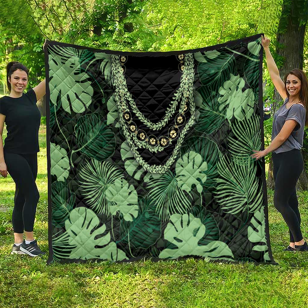 Green Hawaii Kukui Nut Lei Quilt Hawaiian Pattern Monstera Tropical Vibes - Polynesian Pride