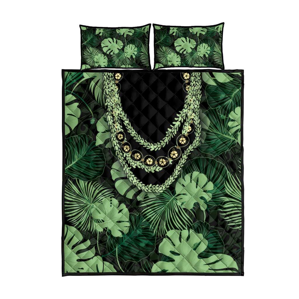 Green Hawaii Kukui Nut Lei Quilt Bed Set Hawaiian Pattern Monstera Tropical Vibes - Polynesian Pride