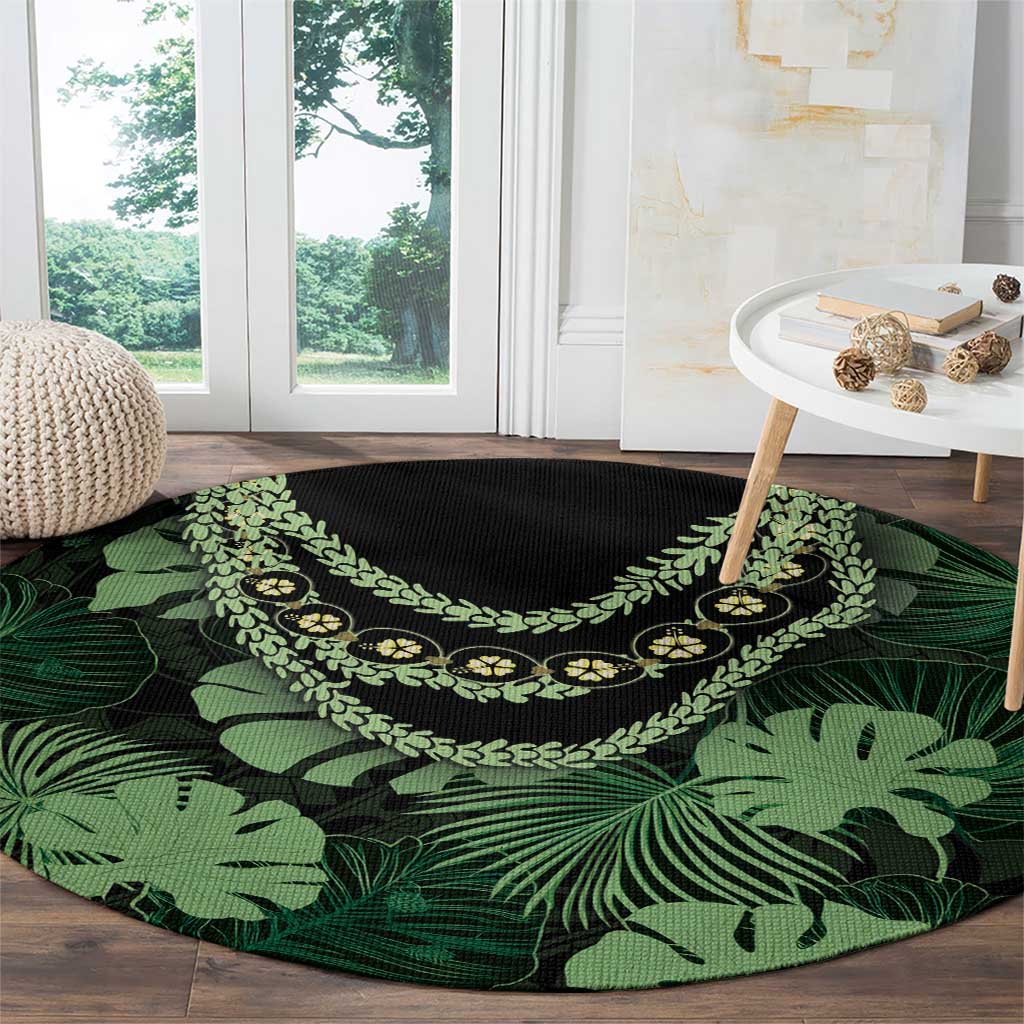 Green Hawaii Kukui Nut Lei Round Carpet Hawaiian Pattern Monstera Tropical Vibes - Polynesian Pride