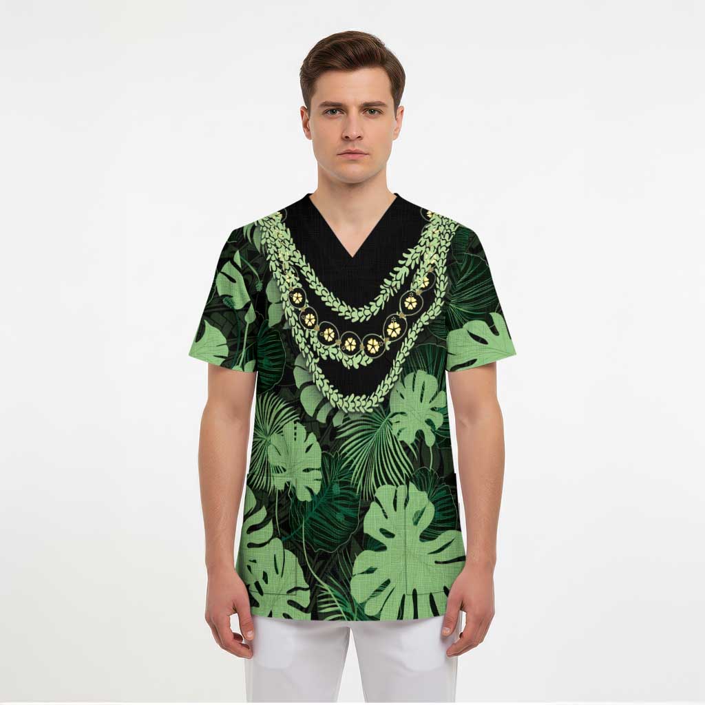 Green Hawaii Kukui Nut Lei Scrub Top Hawaiian Pattern Monstera Tropical Vibes - Polynesian Pride