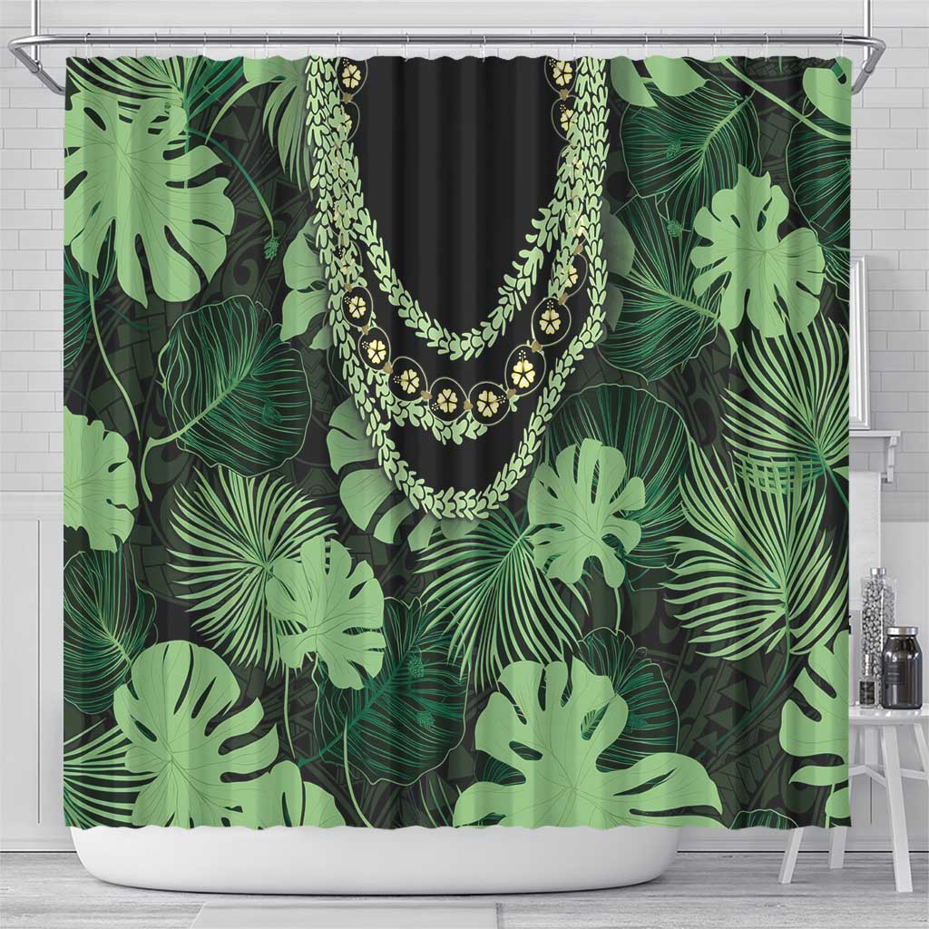 Green Hawaii Kukui Nut Lei Shower Curtain Hawaiian Pattern Monstera Tropical Vibes - Polynesian Pride