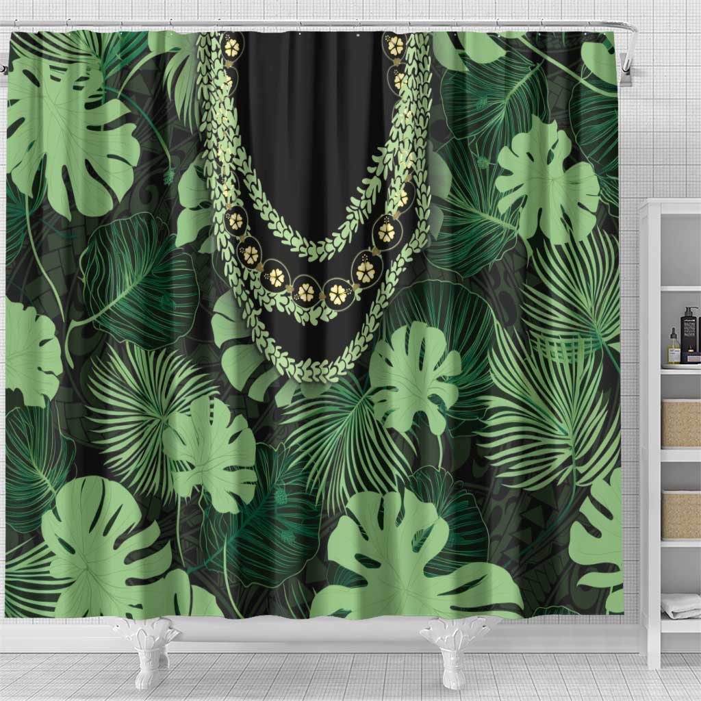Green Hawaii Kukui Nut Lei Shower Curtain Hawaiian Pattern Monstera Tropical Vibes - Polynesian Pride