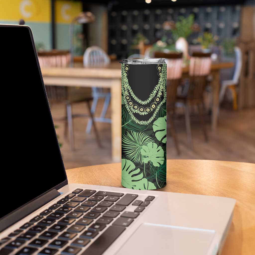 Green Hawaii Kukui Nut Lei Skinny Tumbler Hawaiian Pattern Monstera Tropical Vibes - Polynesian Pride