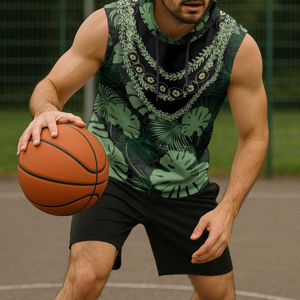Green Hawaii Kukui Nut Lei Sleeveless Hoodie Hawaiian Pattern Monstera Tropical Vibes - Polynesian Pride