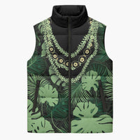 Green Hawaii Kukui Nut Lei Sleeveless Puffer Jacket Hawaiian Pattern Monstera Tropical Vibes - Polynesian Pride