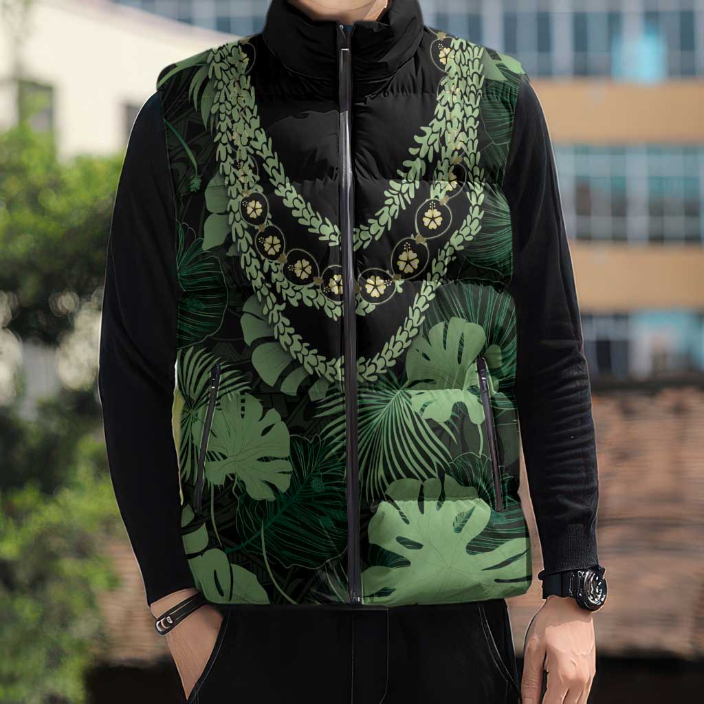 Green Hawaii Kukui Nut Lei Sleeveless Puffer Jacket Hawaiian Pattern Monstera Tropical Vibes - Polynesian Pride