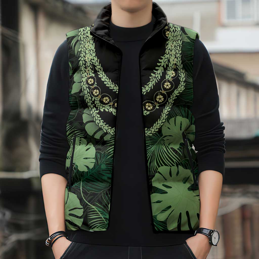 Green Hawaii Kukui Nut Lei Sleeveless Puffer Jacket Hawaiian Pattern Monstera Tropical Vibes - Polynesian Pride