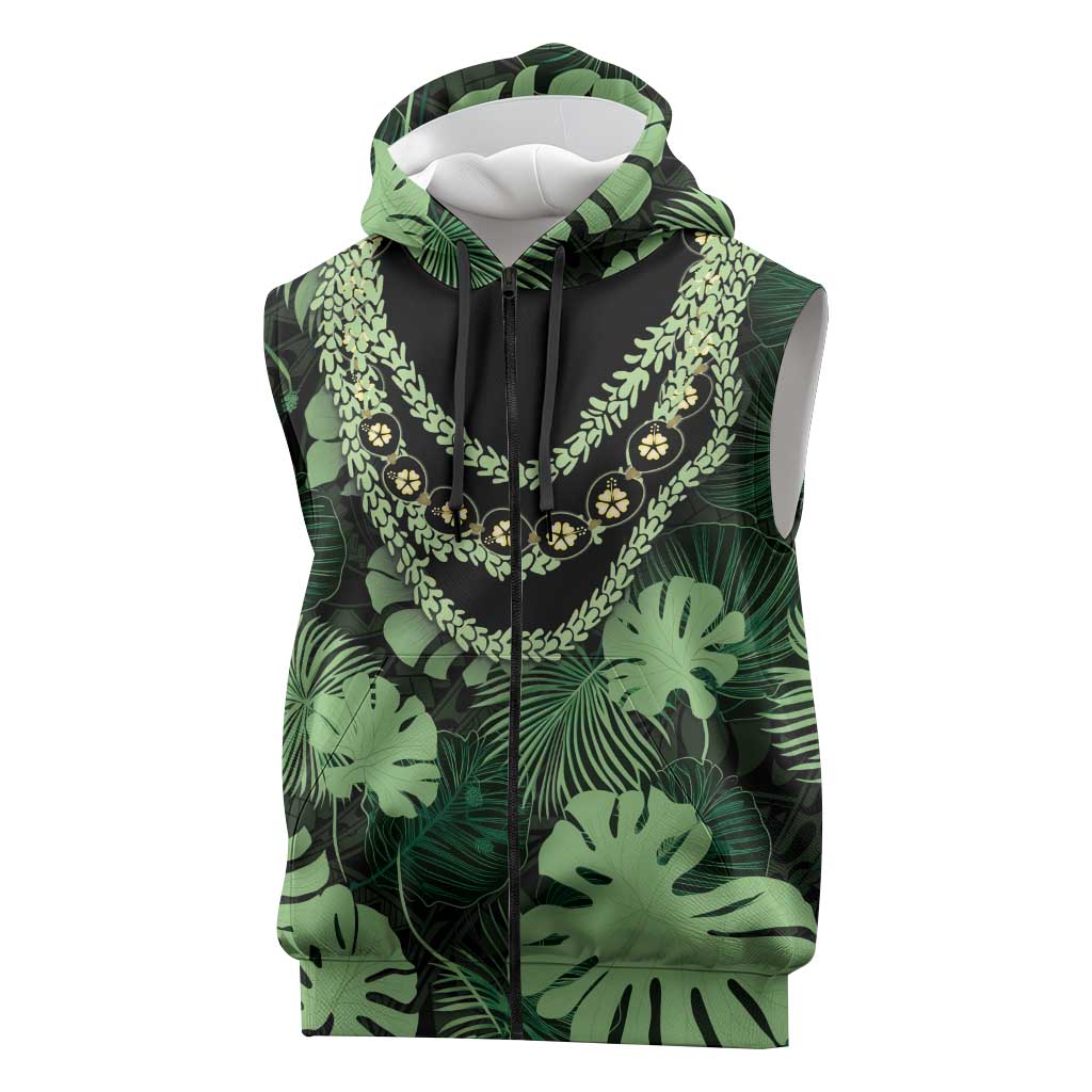 Green Hawaii Kukui Nut Lei Sleeveless Zip Hoodie Hawaiian Pattern Monstera Tropical Vibes LT14 Green - Polynesian Pride