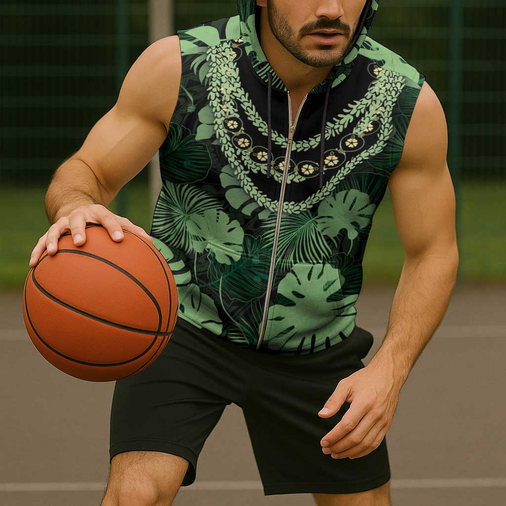 Green Hawaii Kukui Nut Lei Sleeveless Zip Hoodie Hawaiian Pattern Monstera Tropical Vibes - Polynesian Pride