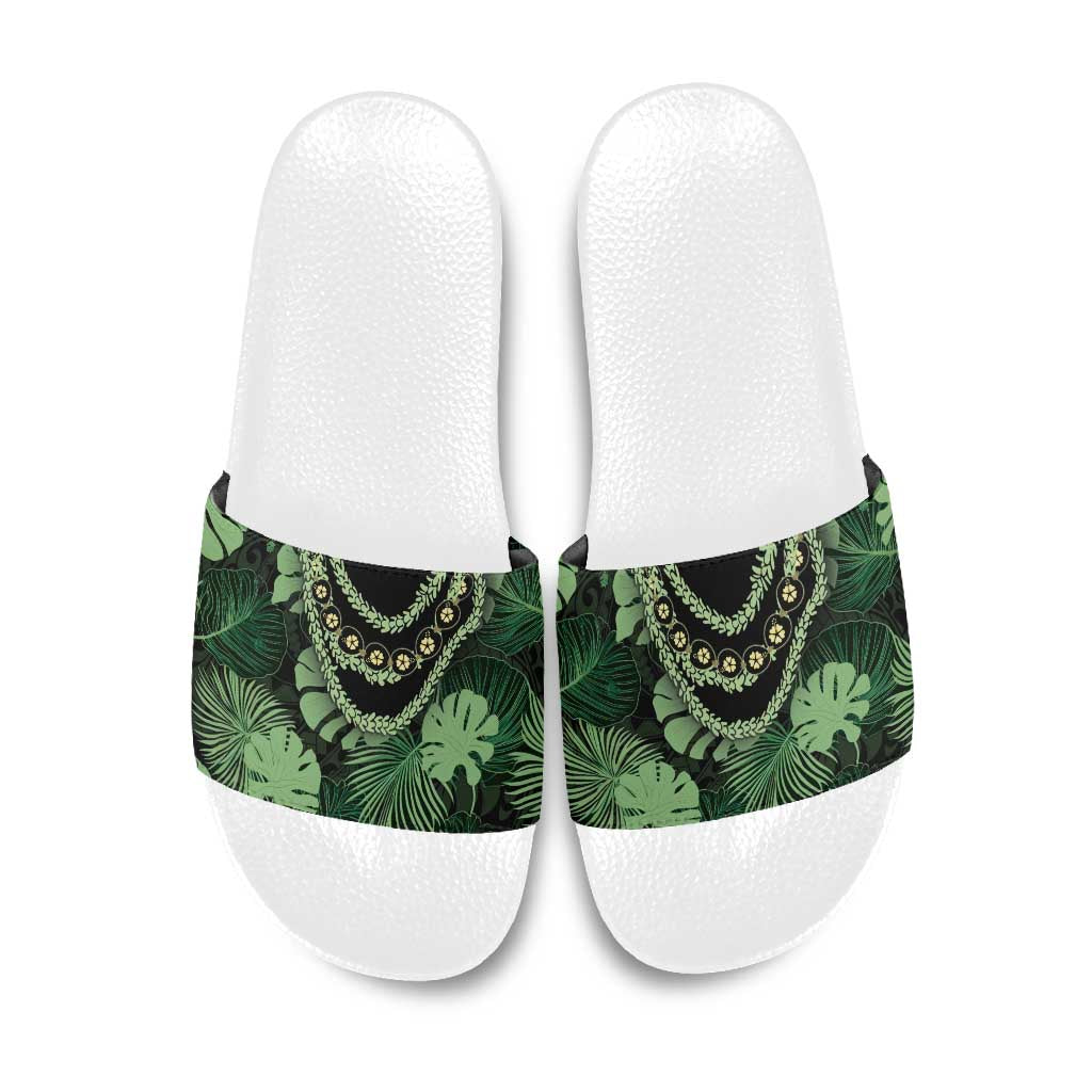 Green Hawaii Kukui Nut Lei Slide Sandals Hawaiian Pattern Monstera Tropical Vibes - Polynesian Pride