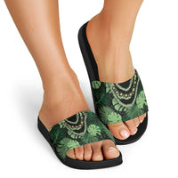 Green Hawaii Kukui Nut Lei Slide Sandals Hawaiian Pattern Monstera Tropical Vibes - Polynesian Pride