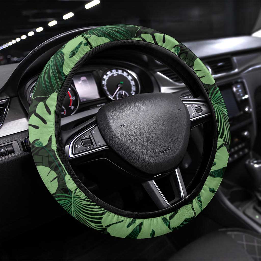 Green Hawaii Kukui Nut Lei Steering Wheel Cover Hawaiian Pattern Monstera Tropical Vibes - Polynesian Pride