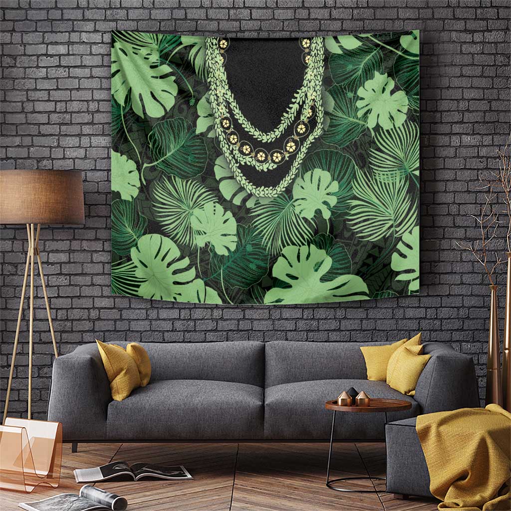 Green Hawaii Kukui Nut Lei Tapestry Hawaiian Pattern Monstera Tropical Vibes - Polynesian Pride