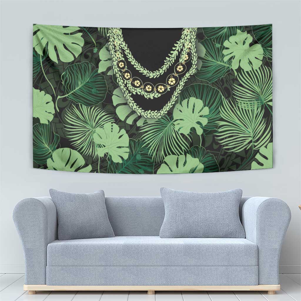 Green Hawaii Kukui Nut Lei Tapestry Hawaiian Pattern Monstera Tropical Vibes - Polynesian Pride